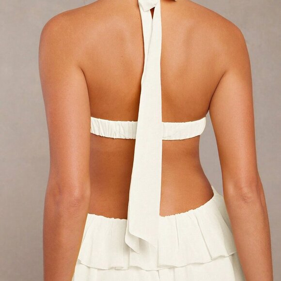 Apricot Sexy Women's Elegant Rosette Halter Neck Ruffle Maxi Dress - Picture 4 of 5